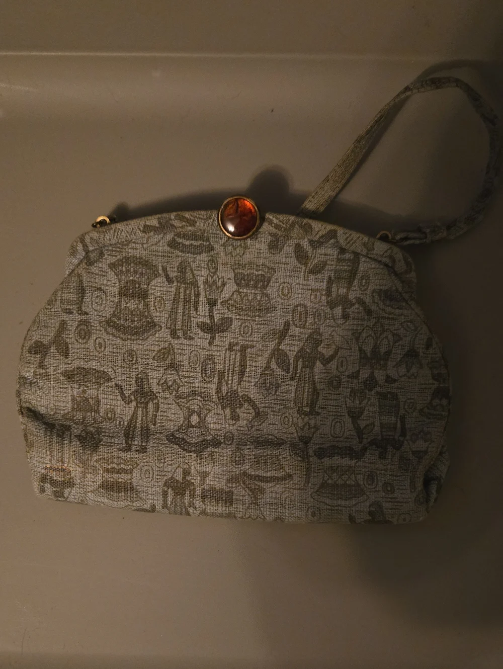 Vintage Mid-century Woven Beige Patterned Wristlet Clutch with Amber Accent